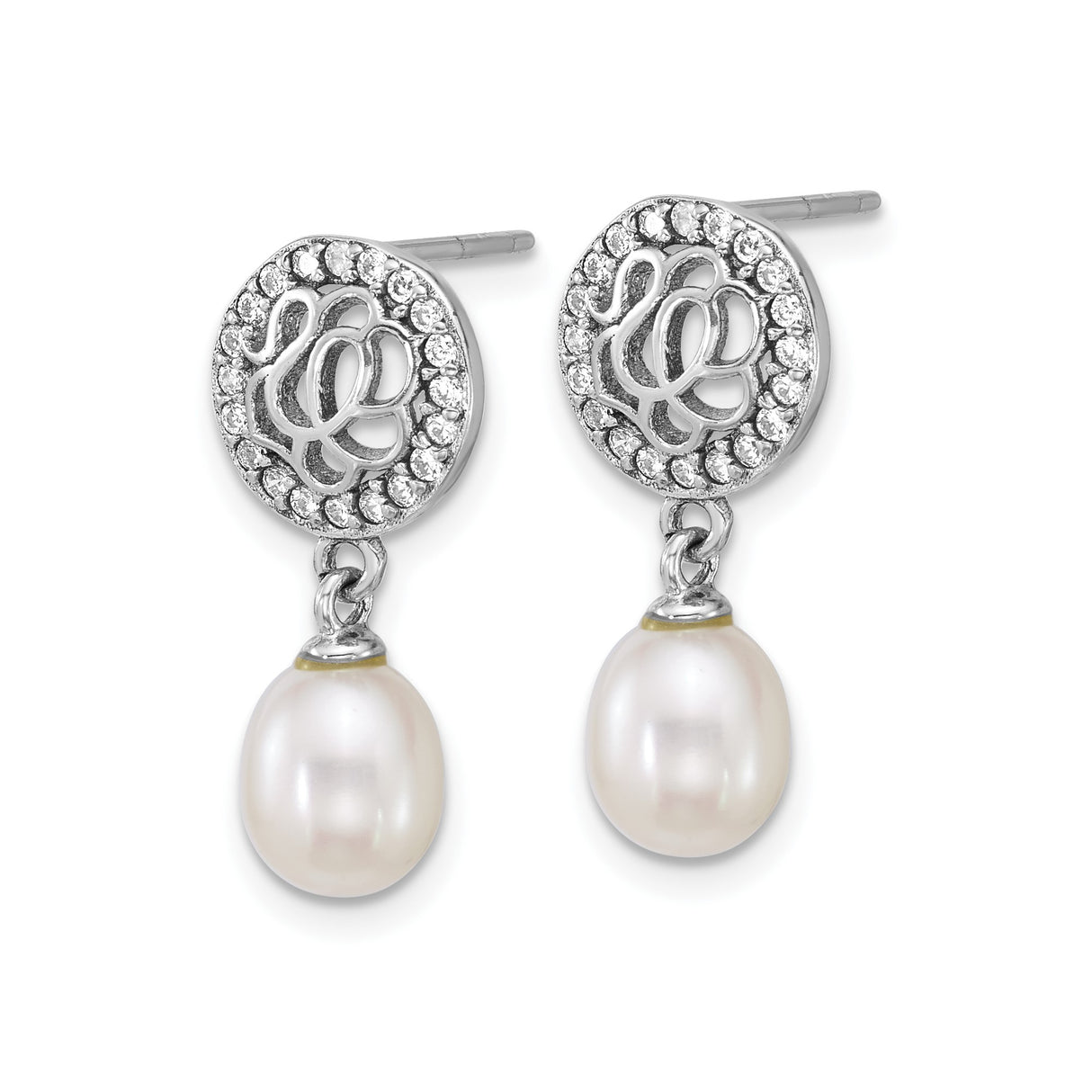 Sterling Silver Drop Earrings with Freshwater Pearl and Cubic Zirconia, Floral Openwork Design