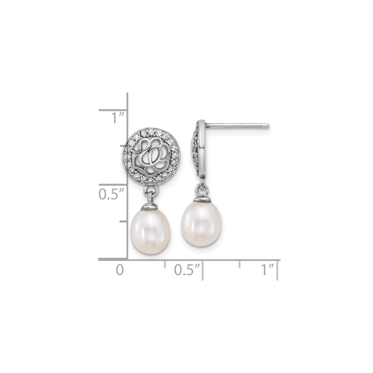 Sterling Silver Drop Earrings with Freshwater Pearl and Cubic Zirconia, Floral Openwork Design