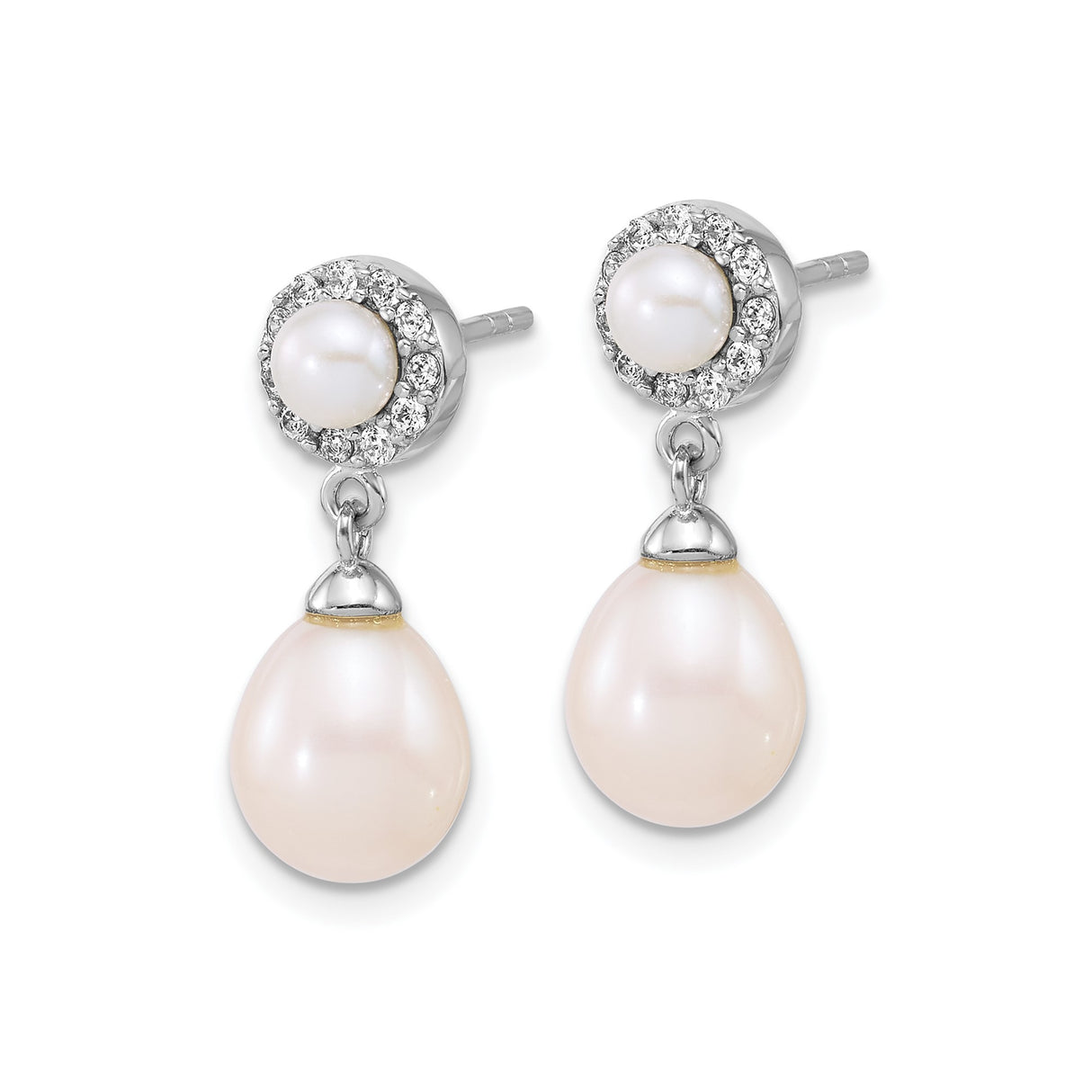 Sterling Silver Drop Earrings with Freshwater Pearls and Halo Cubic Zirconia Accents