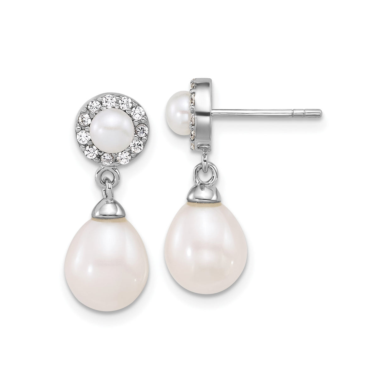 Sterling Silver Drop Earrings with Freshwater Pearls and Halo Cubic Zirconia Accents
