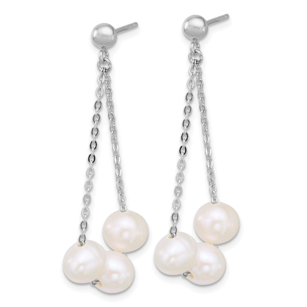 Sterling Silver Dangle Earrings with Freshwater Cultured White Pearls, Delicate Chain Drop Design