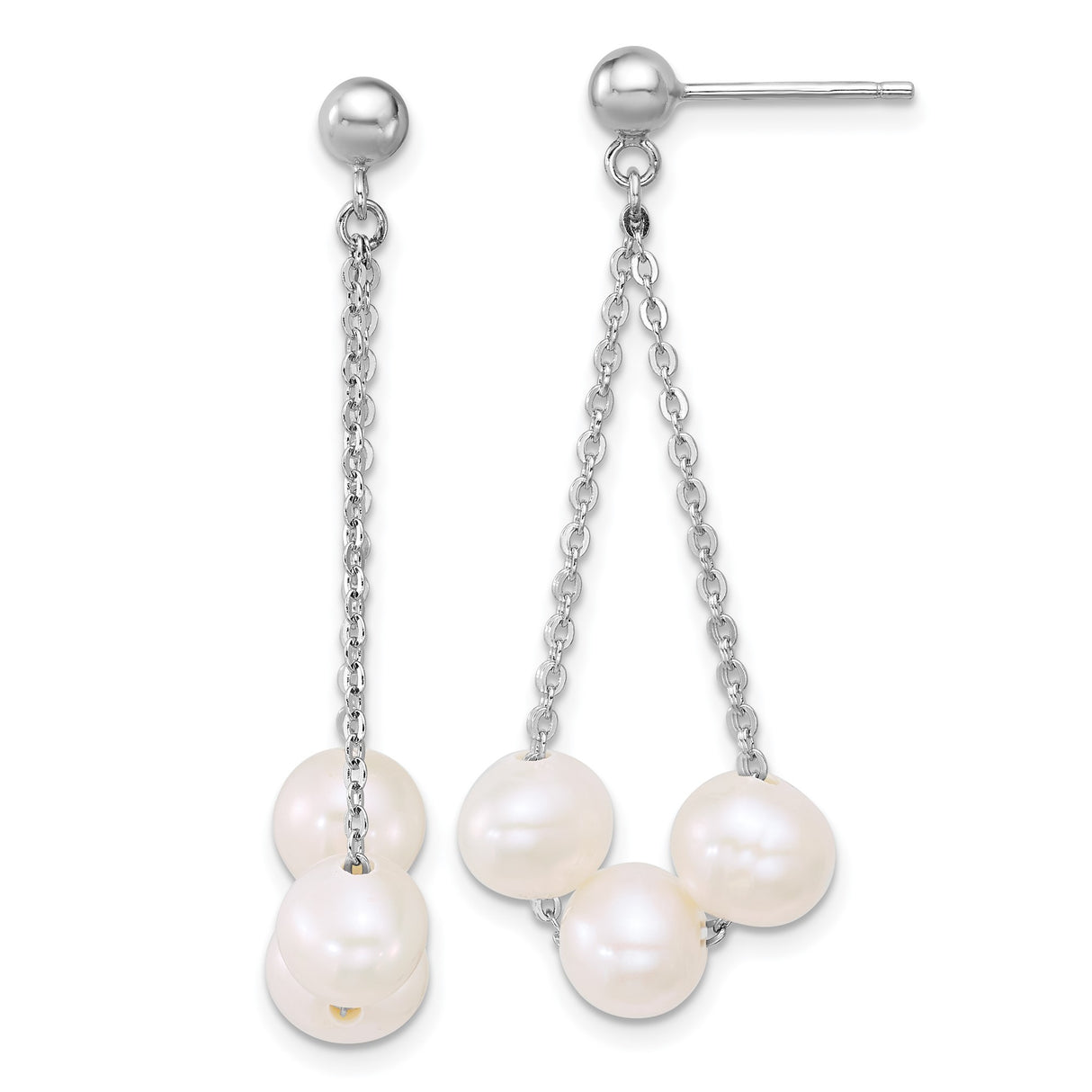 Sterling Silver Dangle Earrings with Freshwater Cultured White Pearls, Delicate Chain Drop Design
