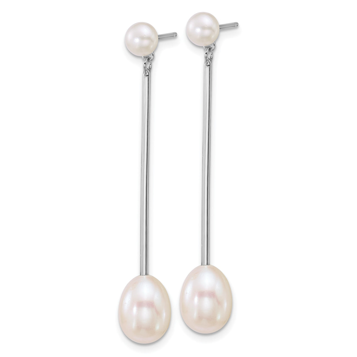 Sterling Silver Drop Earrings with Freshwater Pearls, Vertical Bar Dangle Design