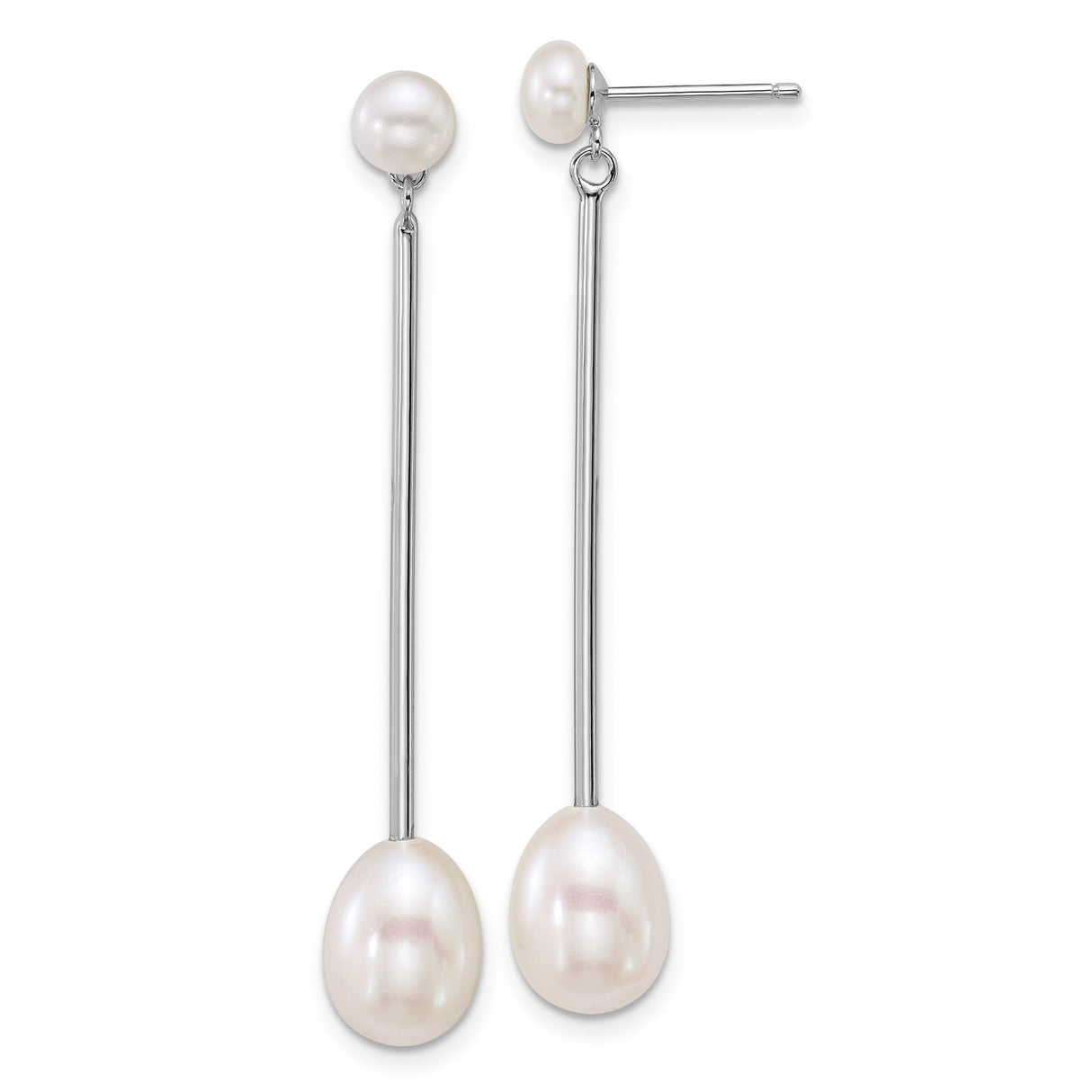 Sterling Silver Drop Earrings with Freshwater Pearls, Vertical Bar Dangle Design