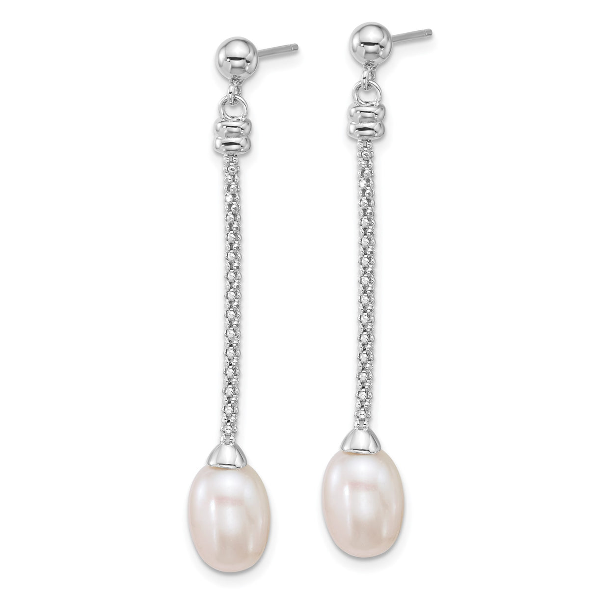 Sterling Silver Drop Earrings with White Freshwater Pearls, Box Chain Dangles, Rhodium Plated