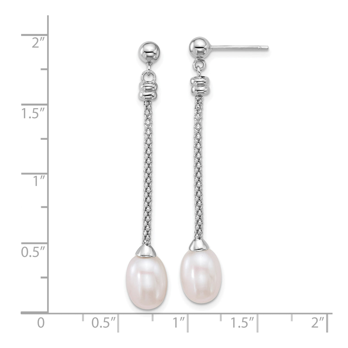 Sterling Silver Drop Earrings with White Freshwater Pearls, Box Chain Dangles, Rhodium Plated