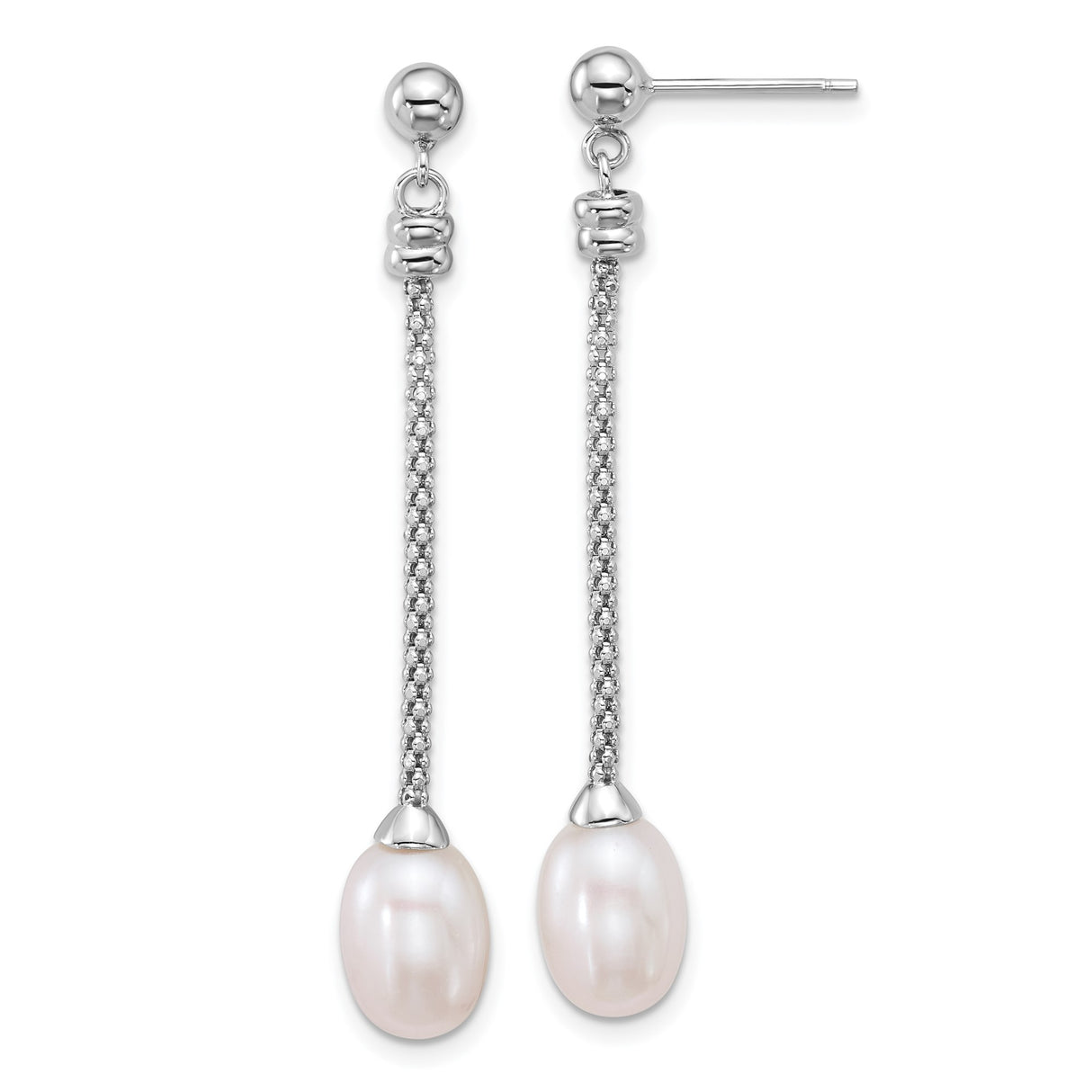 Sterling Silver Drop Earrings with White Freshwater Pearls, Box Chain Dangles, Rhodium Plated