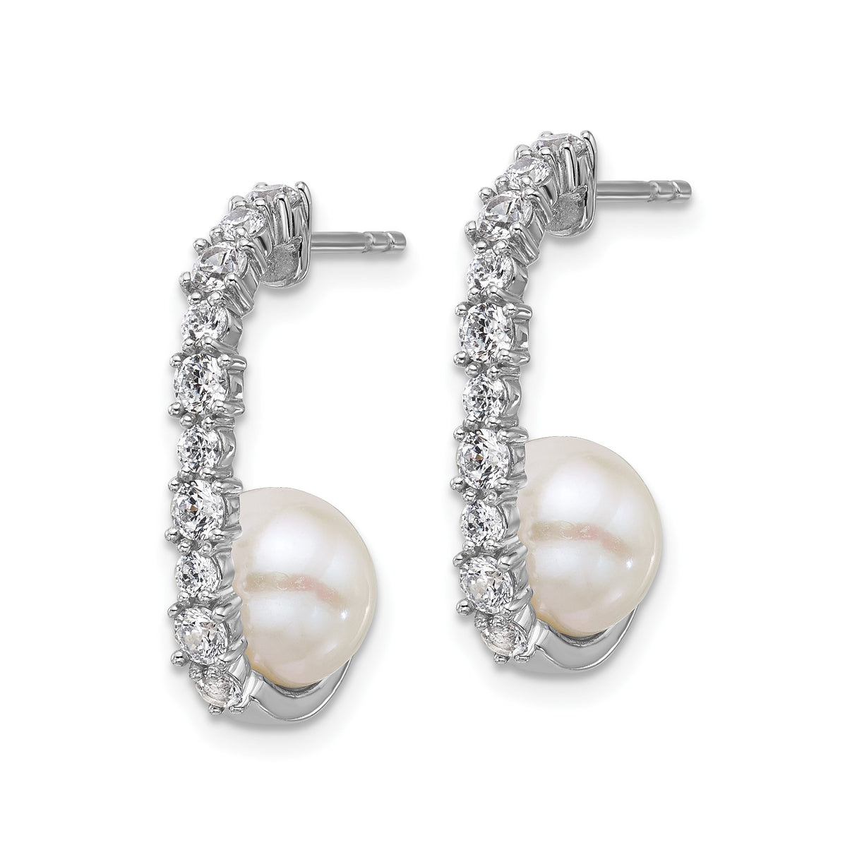 Sterling Silver Drop Earrings with White Cultured Pearl and Cubic Zirconia in Curved Setting
