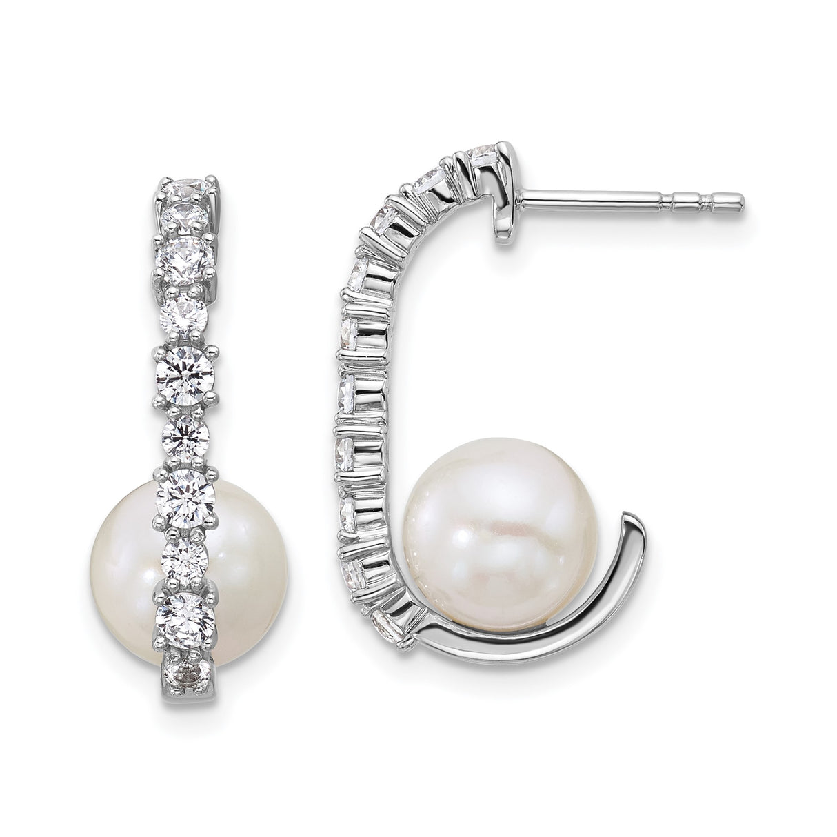 Sterling Silver Drop Earrings with White Cultured Pearl and Cubic Zirconia in Curved Setting