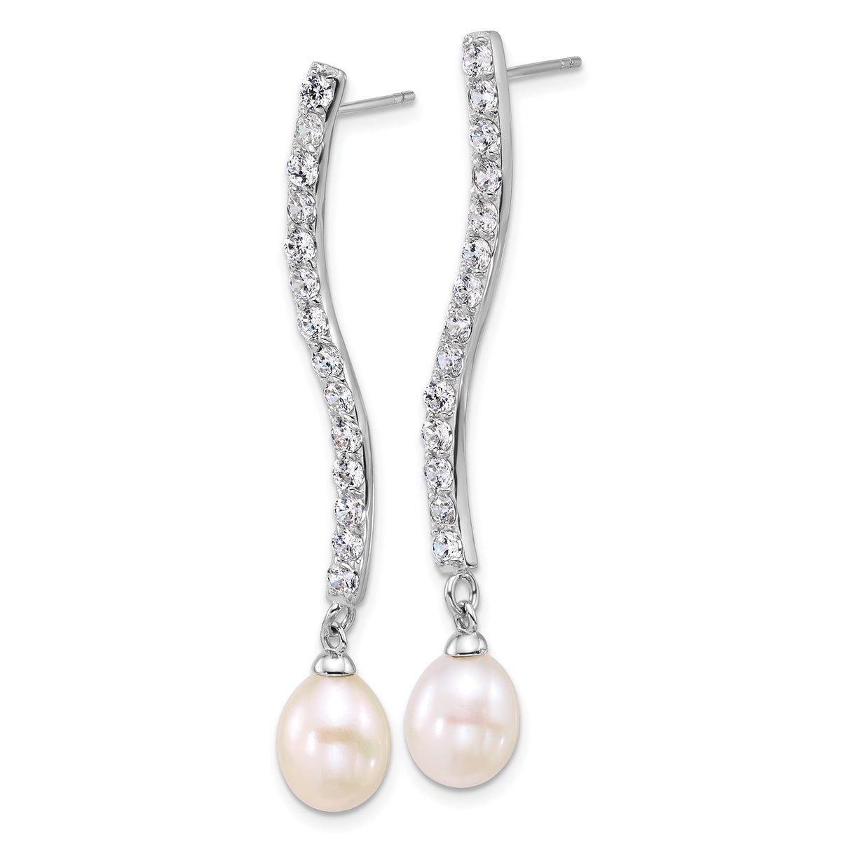 Sterling Silver Dangle Earrings with Freshwater Pearl and Cubic Zirconia, Wavy Line Design