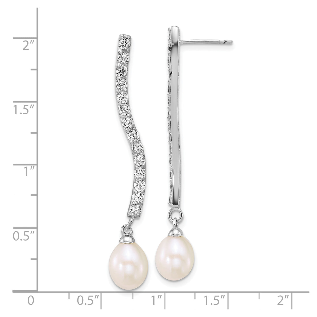 Sterling Silver Dangle Earrings with Freshwater Pearl and Cubic Zirconia, Wavy Line Design