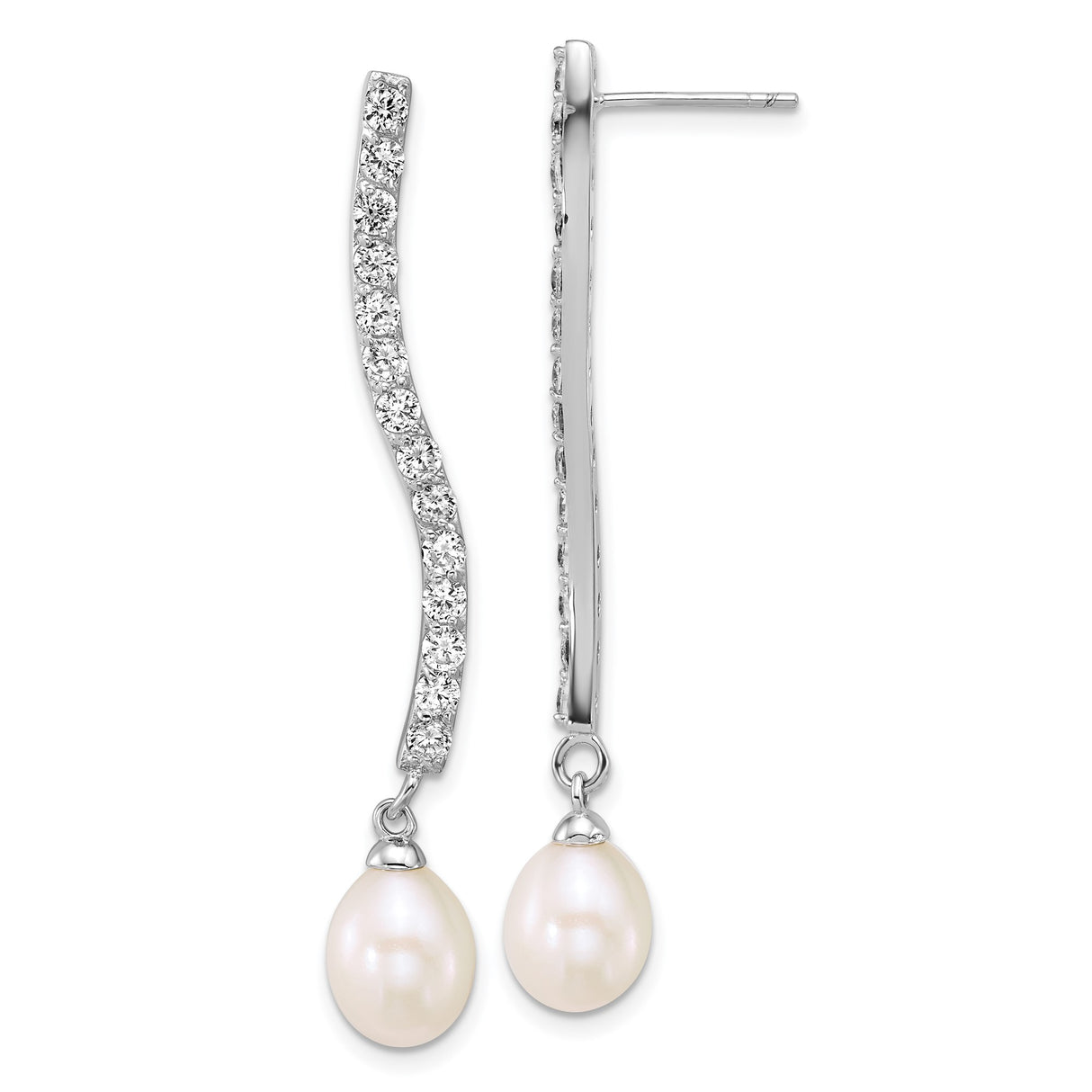 Sterling Silver Dangle Earrings with Freshwater Pearl and Cubic Zirconia, Wavy Line Design