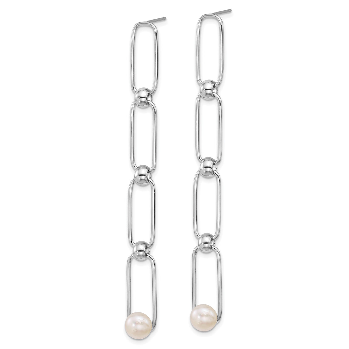 Sterling Silver Dangle Earrings with Cultured Freshwater Pearls, Asymmetric Chain Link Design