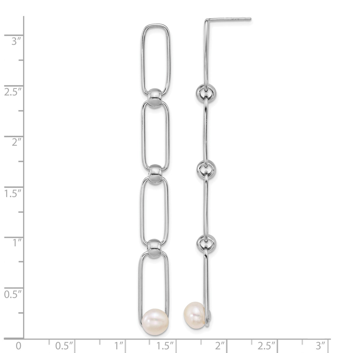 Sterling Silver Dangle Earrings with Cultured Freshwater Pearls, Asymmetric Chain Link Design