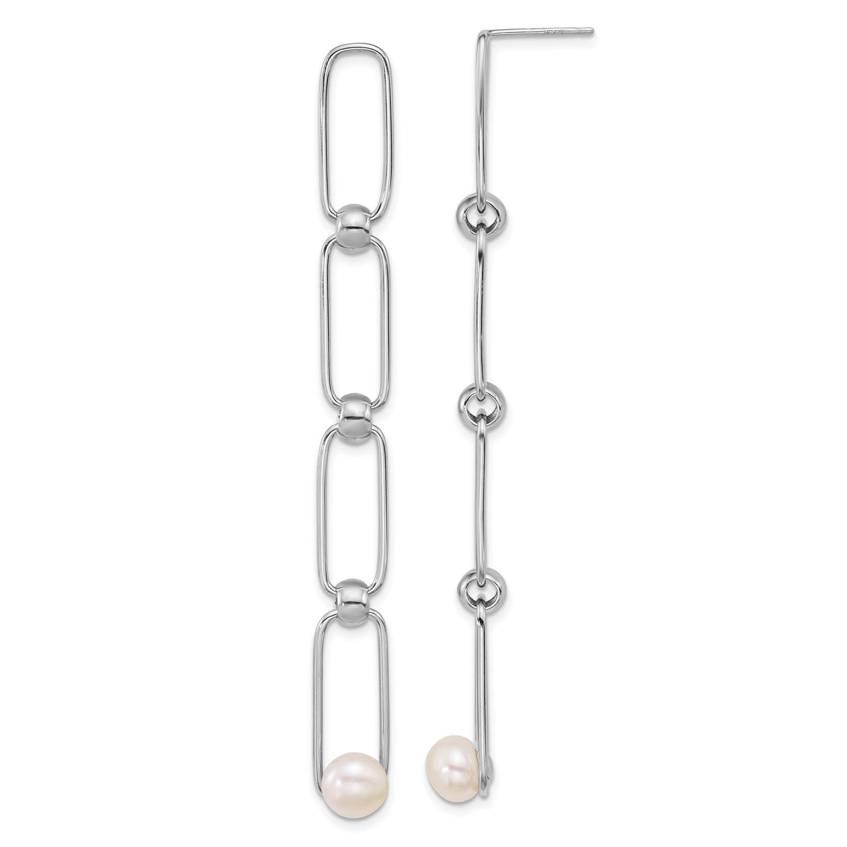 Sterling Silver Dangle Earrings with Cultured Freshwater Pearls, Asymmetric Chain Link Design