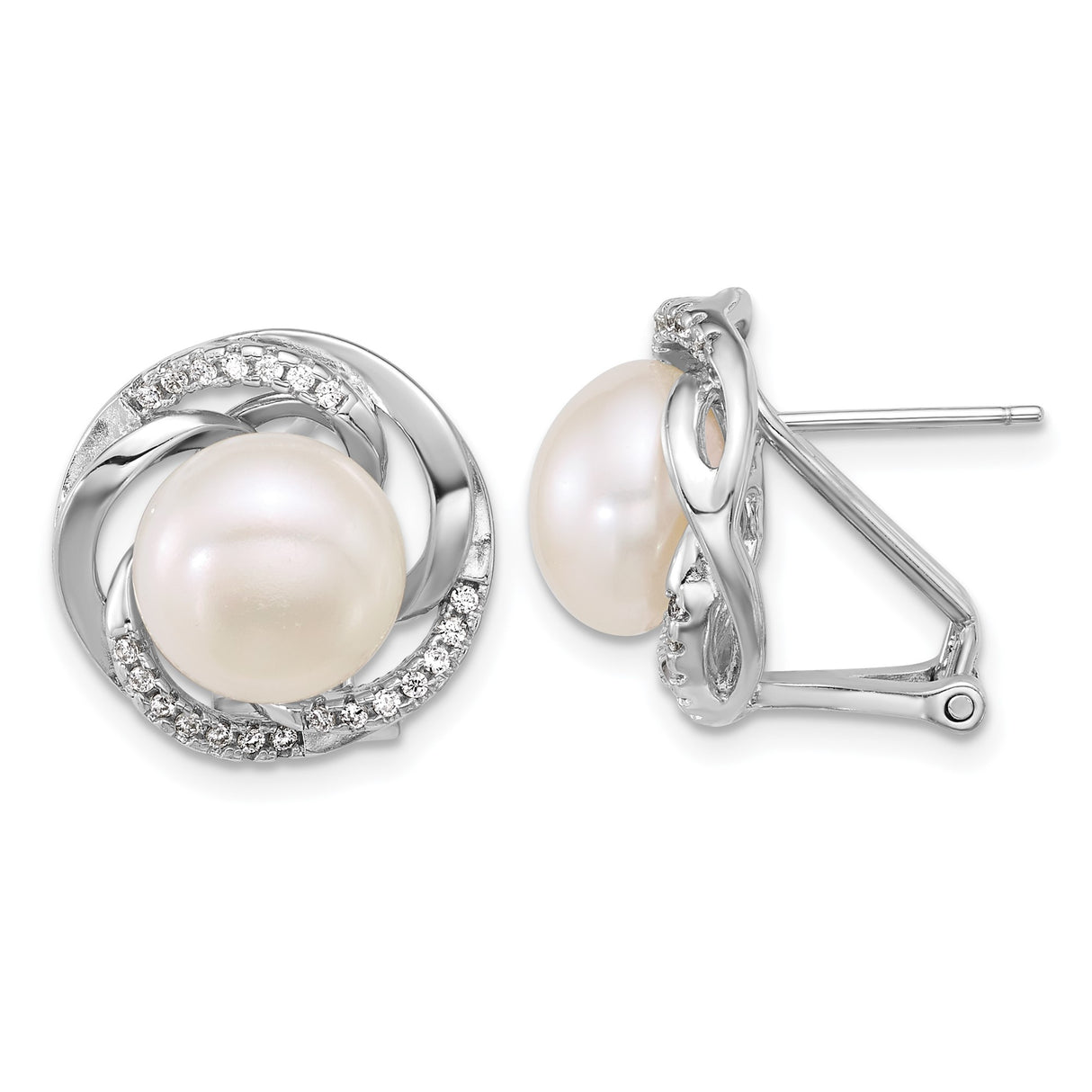 Sterling Silver Pearl Stud Earrings with Cubic Zirconia, Infinity Knot Design for Women