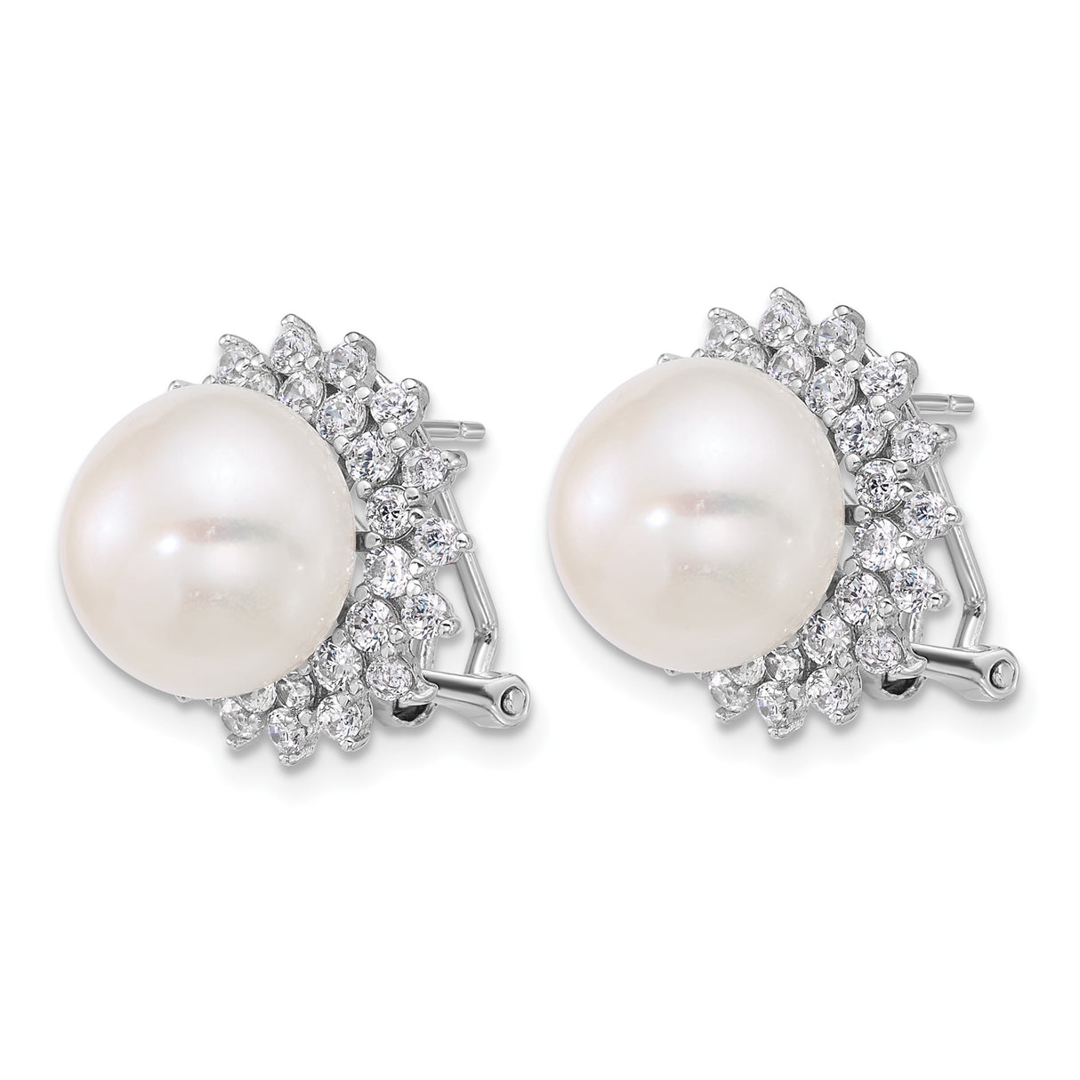 Sterling Silver Pearl Stud Earrings with Cubic Zirconia Halo, Bridal and Anniversary Style