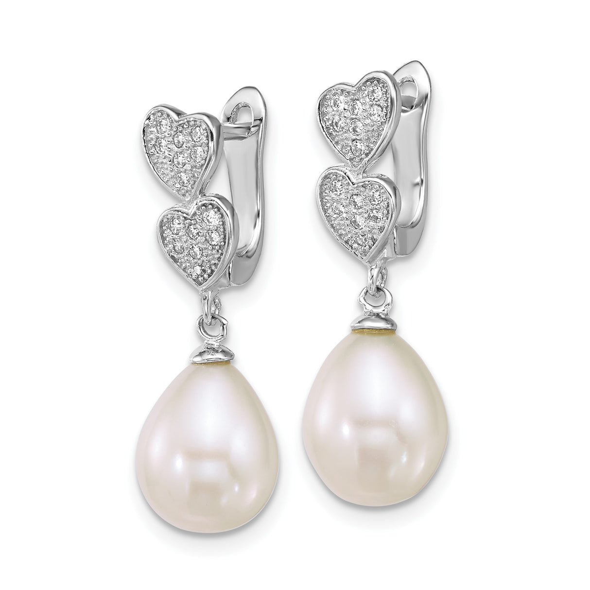 Sterling Silver Drop Earrings with White Pearl and Heart Motifs, Cubic Zirconia Accents
