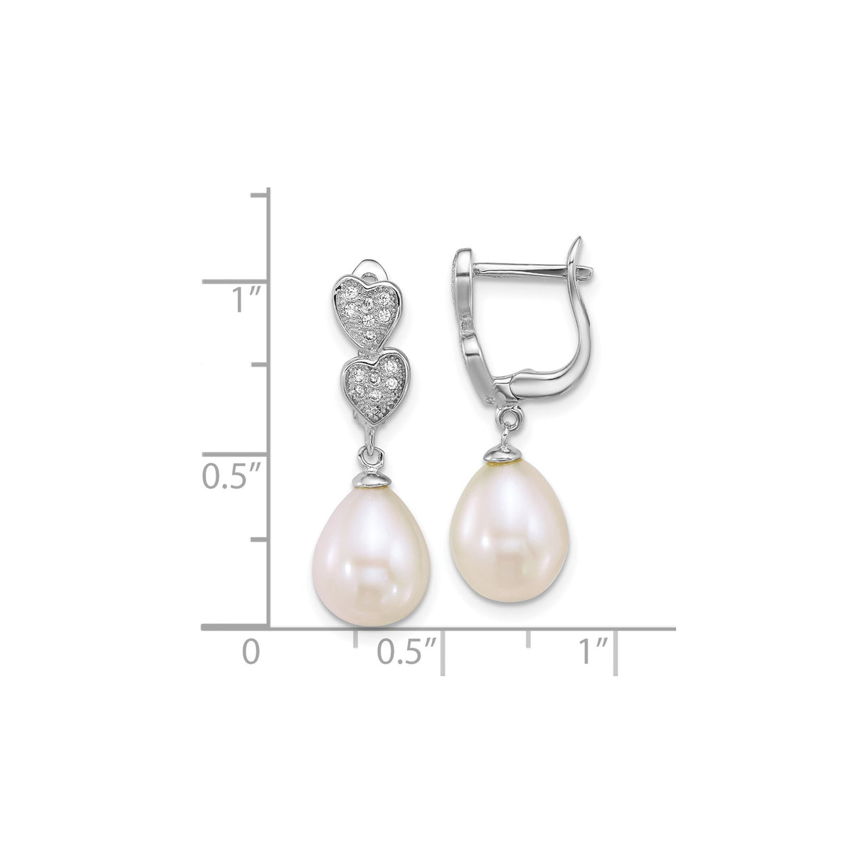 Sterling Silver Drop Earrings with White Pearl and Heart Motifs, Cubic Zirconia Accents