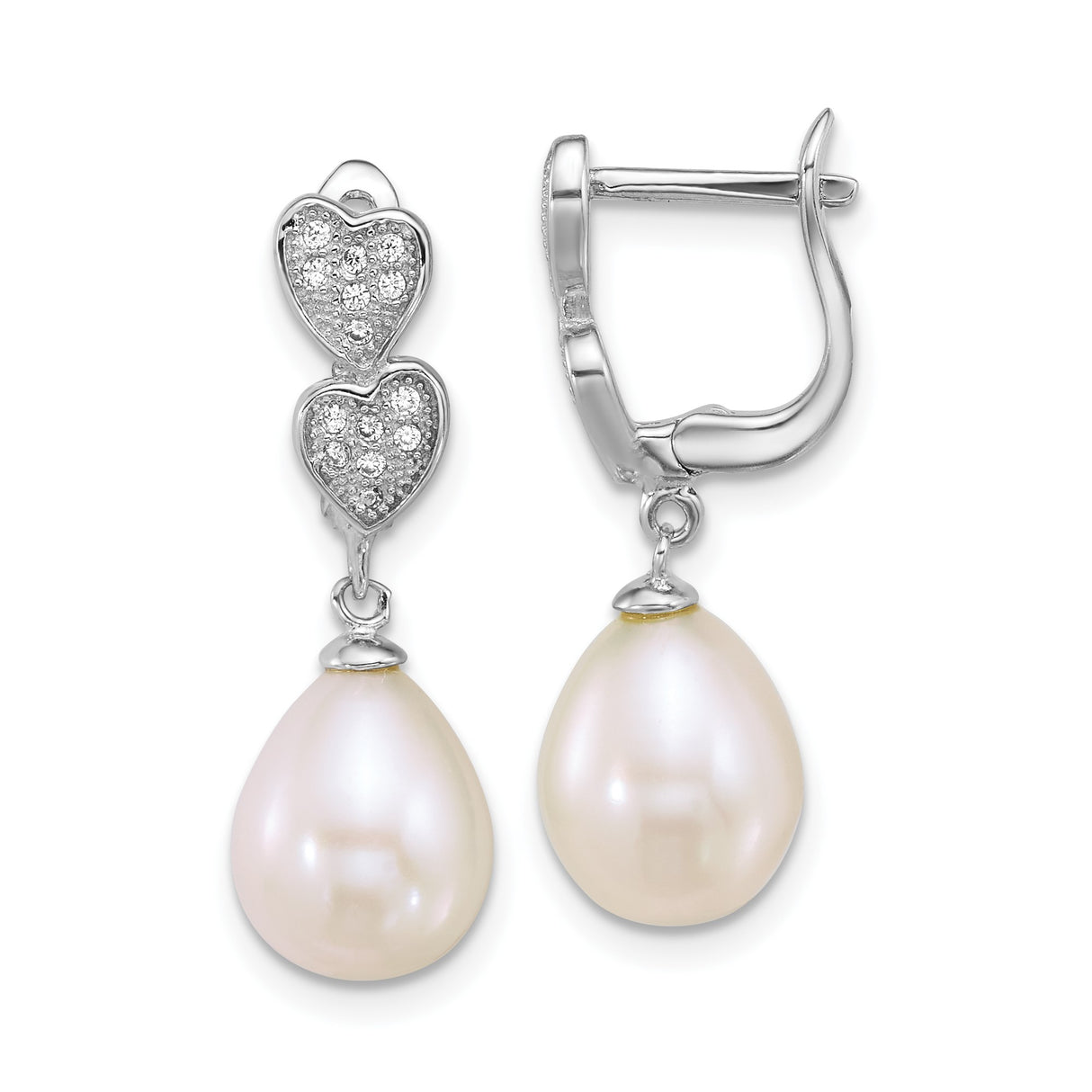 Sterling Silver Drop Earrings with White Pearl and Heart Motifs, Cubic Zirconia Accents