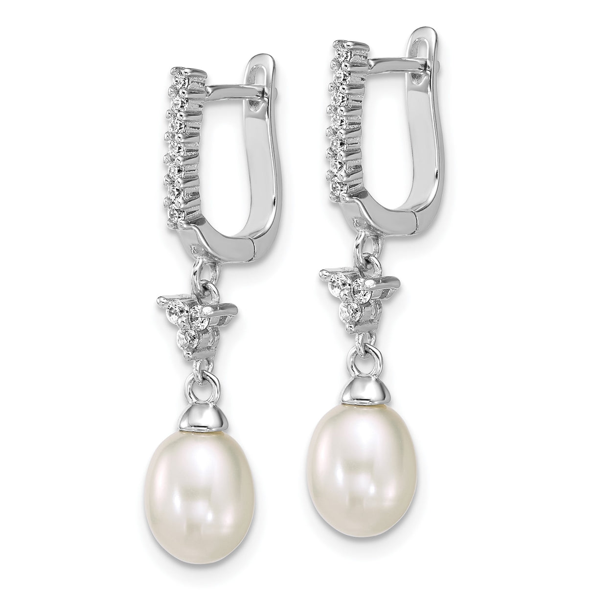 Sterling Silver Dangle Earrings with White Freshwater Cultured Pearls and Cubic Zirconia Accents