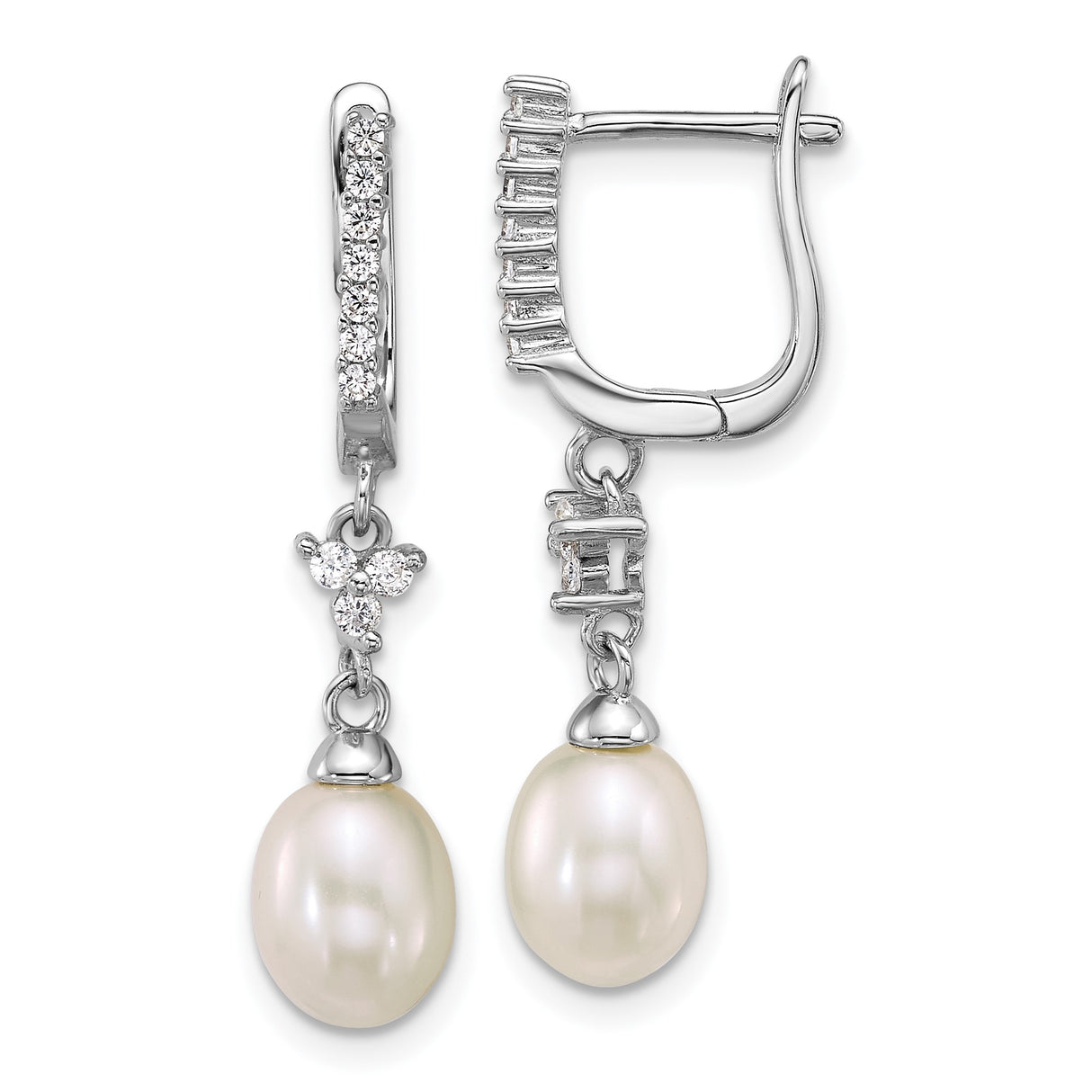 Sterling Silver Dangle Earrings with White Freshwater Cultured Pearls and Cubic Zirconia Accents