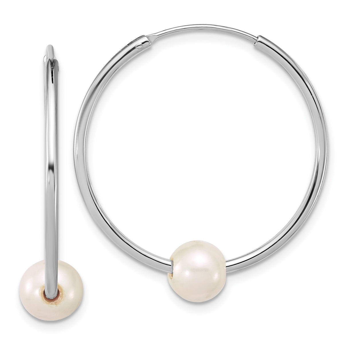 Sterling Silver Hoop Earrings with White Cultured Pearls, Minimalist Dangle Design, 32mm