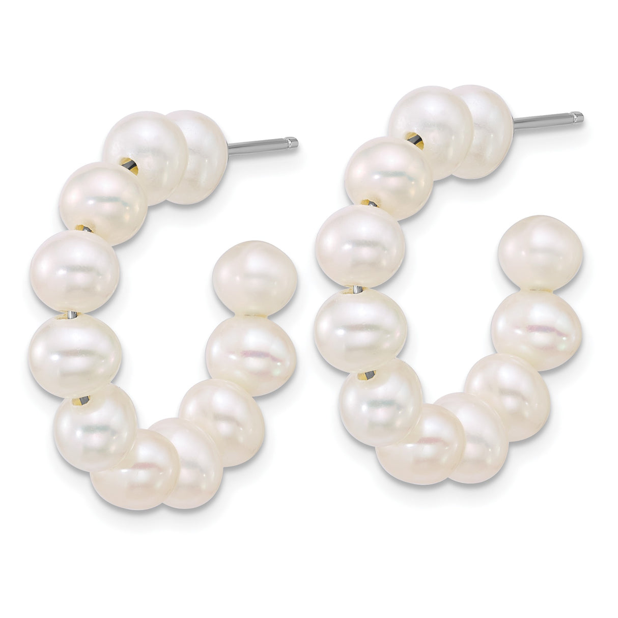 Sterling Silver Hoop Earrings with White Freshwater Cultured Pearls, Rhodium Plated