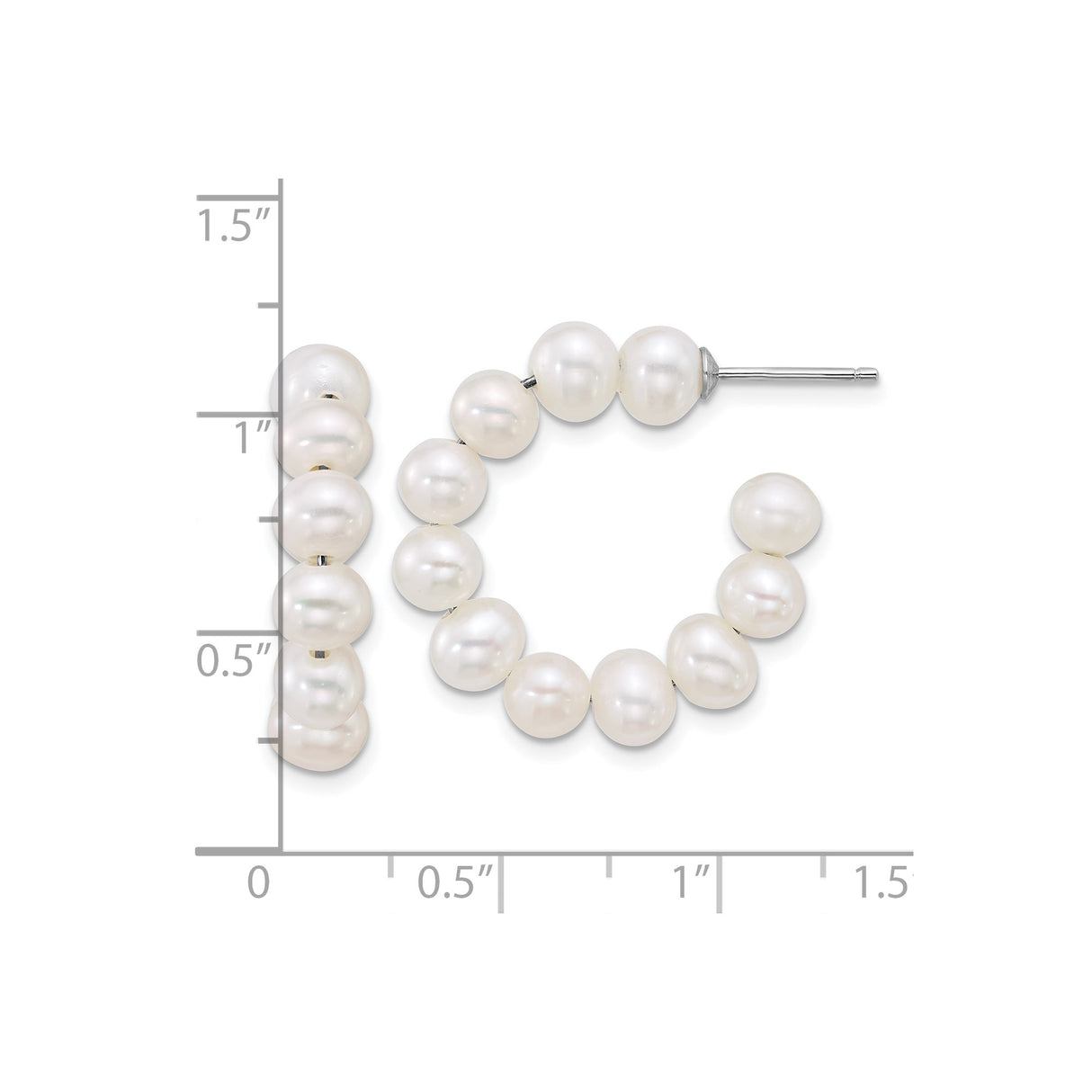 Sterling Silver Hoop Earrings with White Freshwater Cultured Pearls, Rhodium Plated