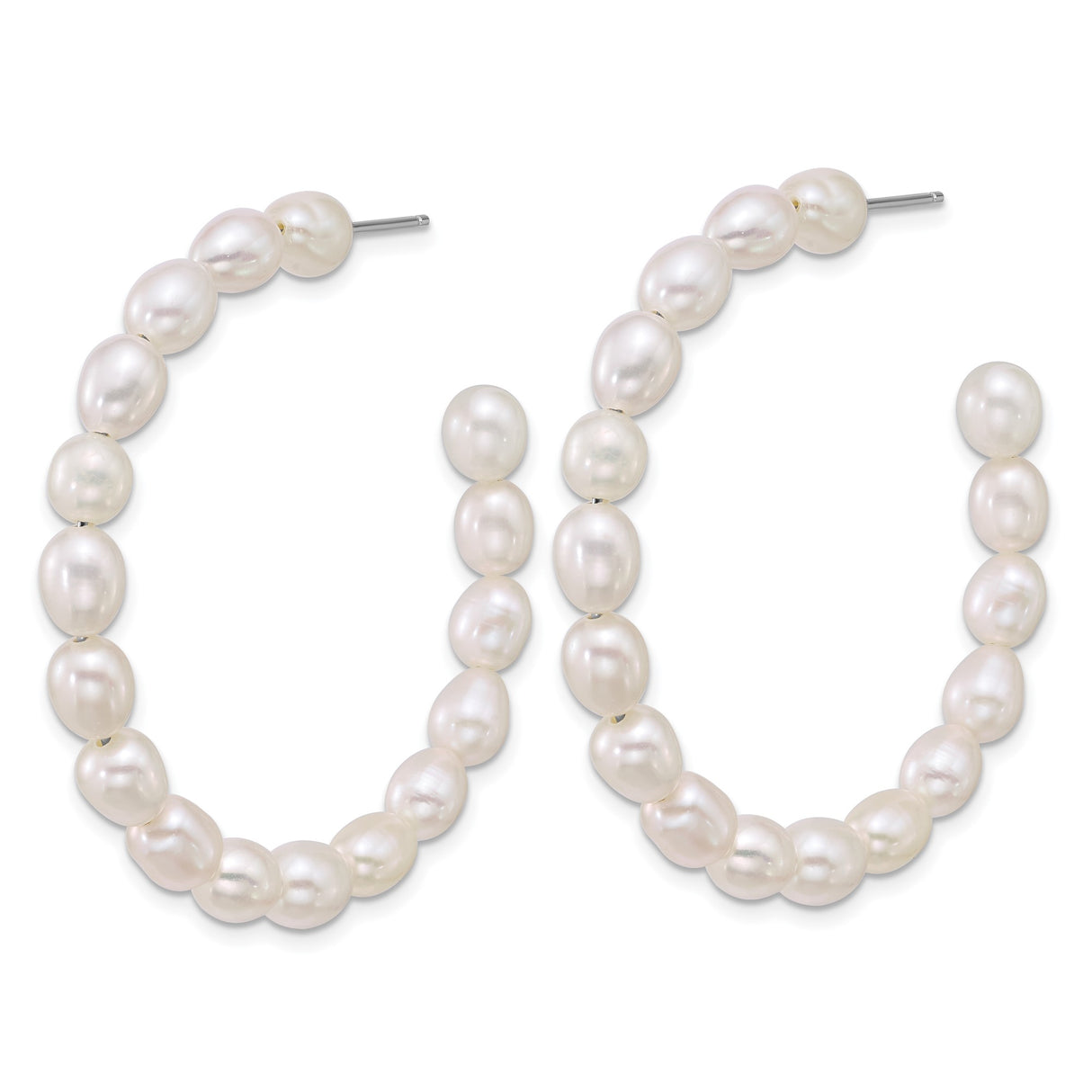 Sterling Silver Hoop Earrings with White Freshwater Pearls, Rhodium Plated, Classic Bridal Style