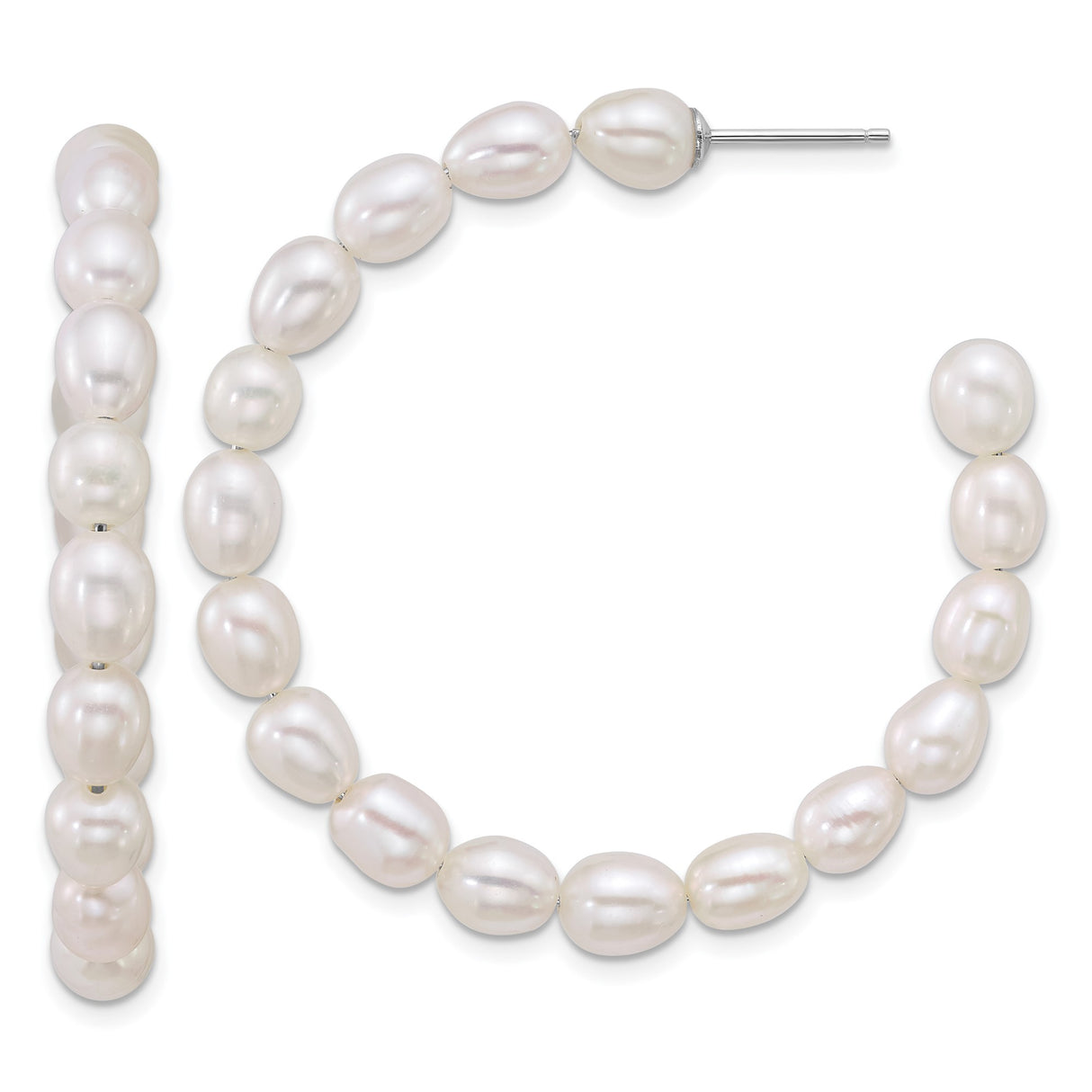 Sterling Silver Hoop Earrings with White Freshwater Pearls, Rhodium Plated, Classic Bridal Style