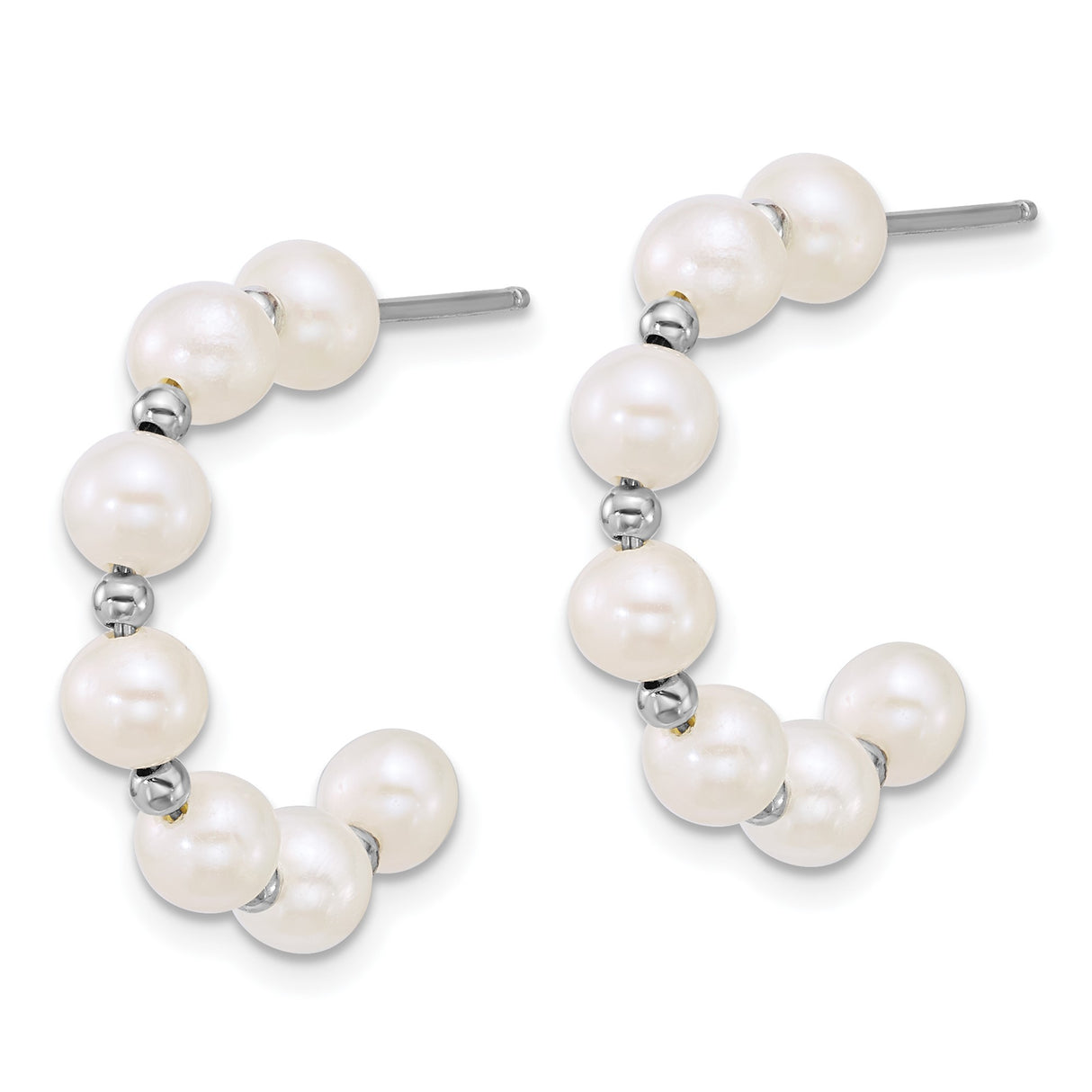 Sterling Silver Hoop Earrings with White Freshwater Pearls and Polished Silver Beads