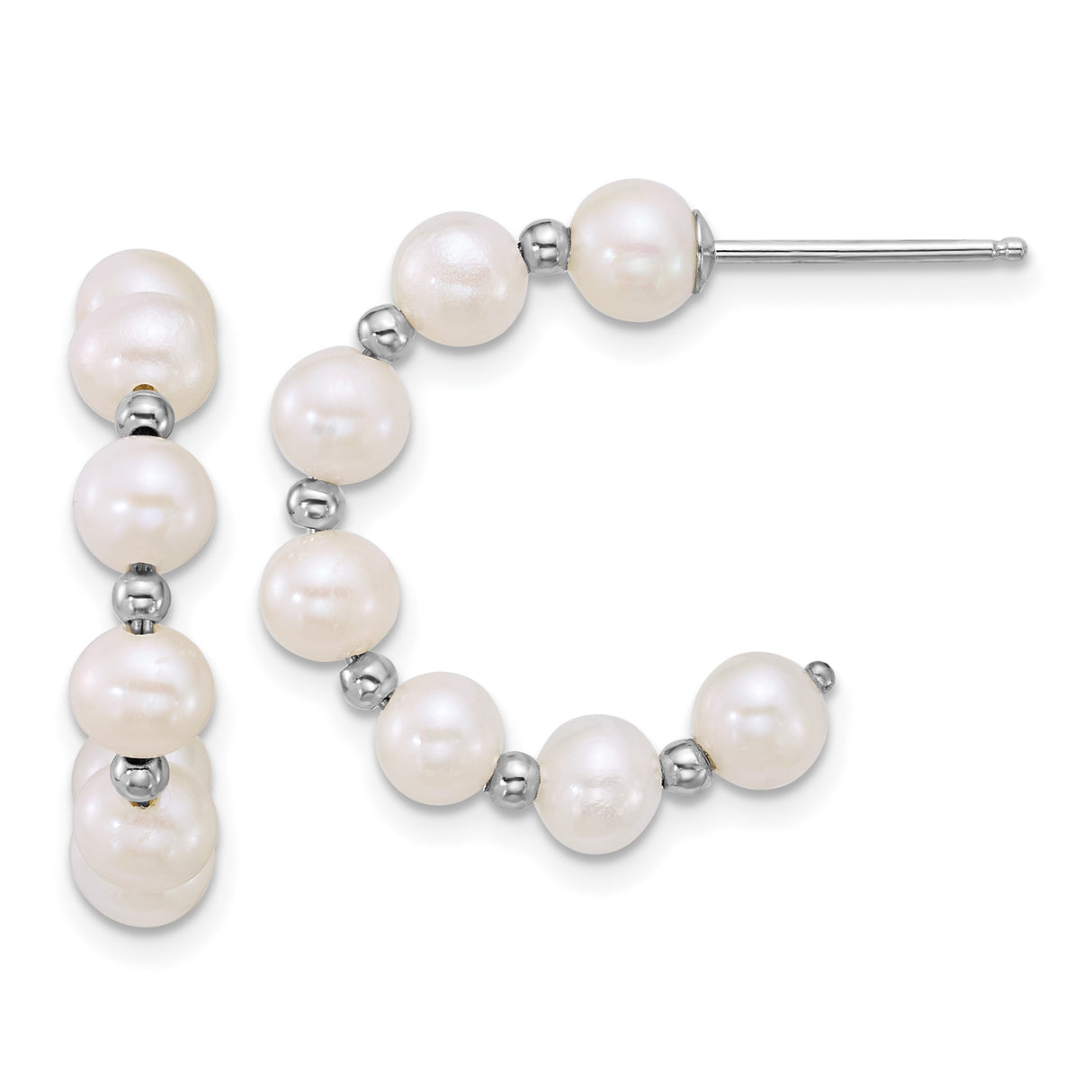 Sterling Silver Hoop Earrings with White Freshwater Pearls and Polished Silver Beads