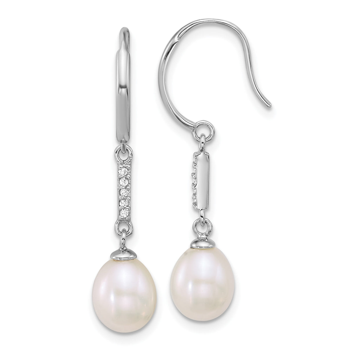 Sterling Silver Dangle Earrings with Cultured Pearl Drops and Cubic Zirconia Accents