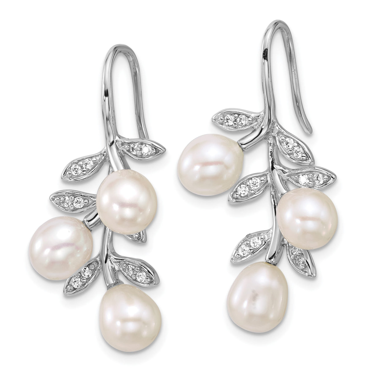 Sterling Silver Dangle Earrings with Freshwater Pearls and Cubic Zirconia Leaf Accents