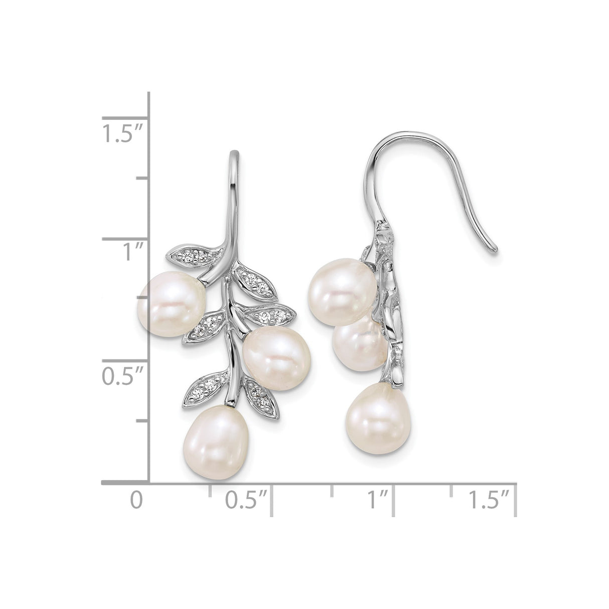 Sterling Silver Dangle Earrings with Freshwater Pearls and Cubic Zirconia Leaf Accents