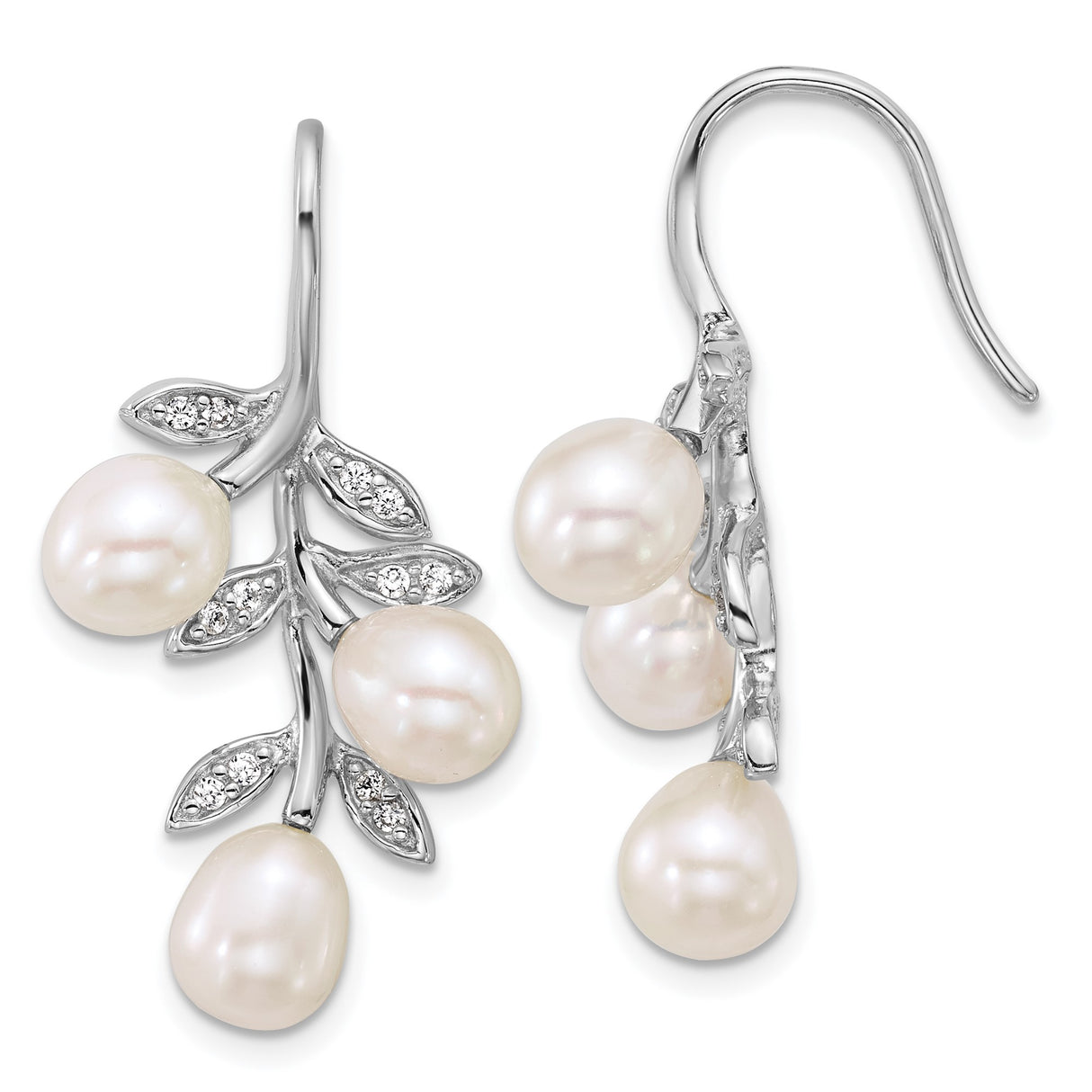 Sterling Silver Dangle Earrings with Freshwater Pearls and Cubic Zirconia Leaf Accents