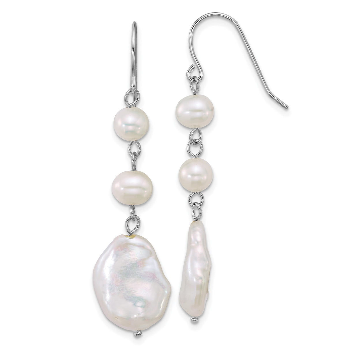 Sterling Silver Dangle Earrings with Baroque and Round Freshwater Cultured Pearls, Boho Bridal Style