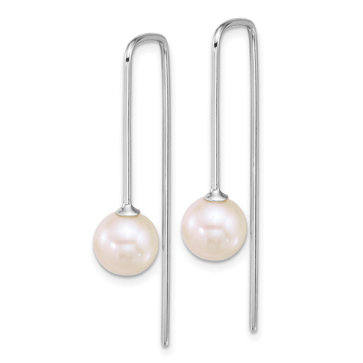 Sterling Silver Threader Earrings with White Freshwater Cultured Pearls, Minimalist Linear Drop Design