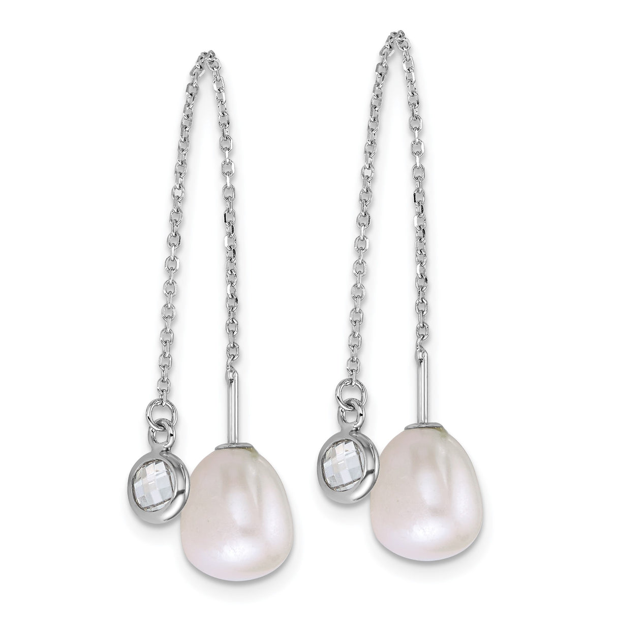 Sterling Silver Threader Earrings with White Freshwater Pearl and Bezel Set Glass Accent