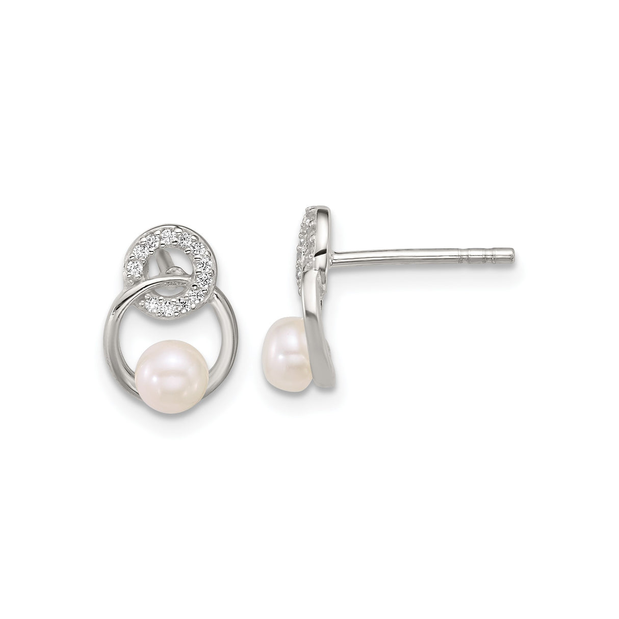 Sterling Silver Pearl Drop Stud Earrings with Cubic Zirconia, Circle Design for Women