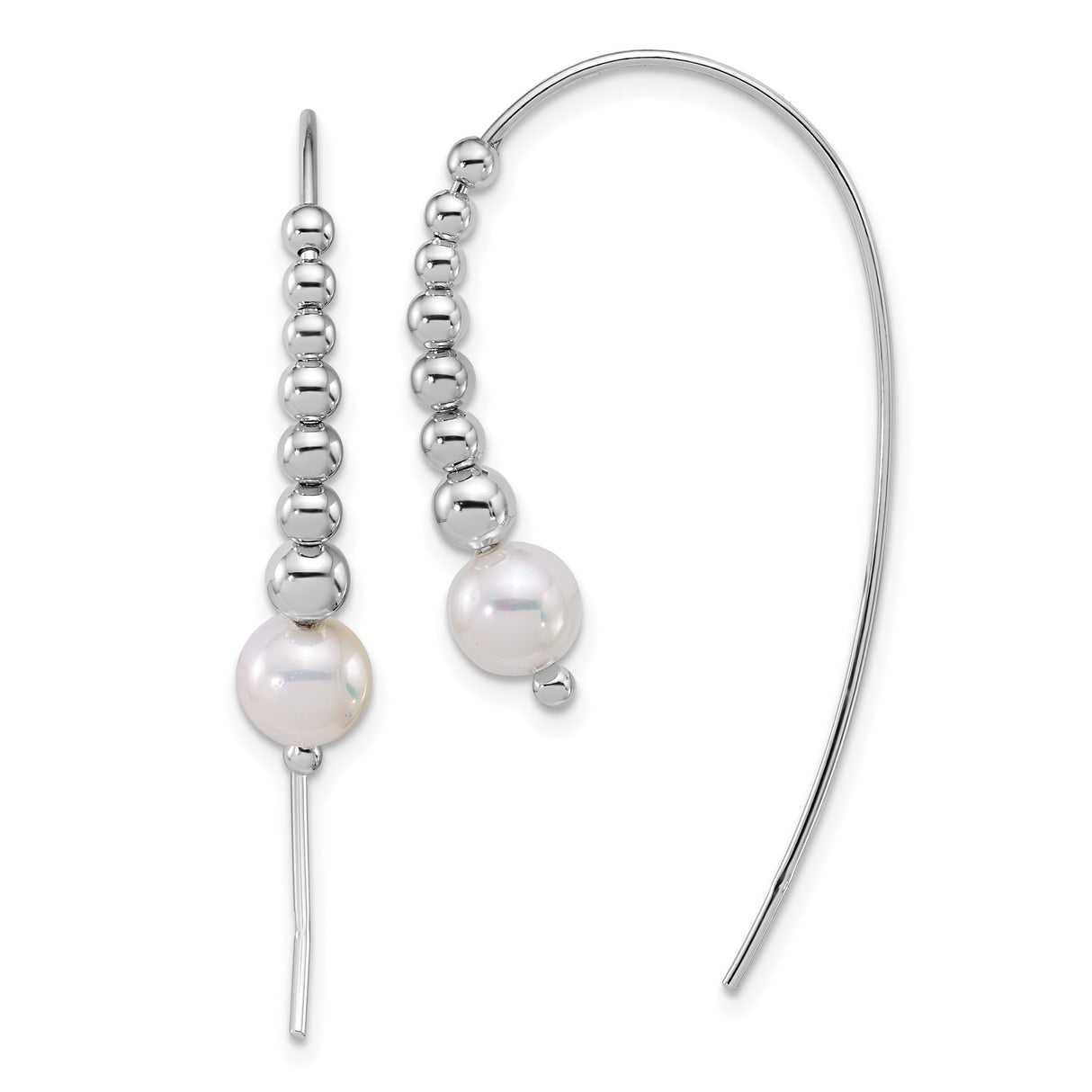 Sterling Silver Threader Earrings with White Freshwater Pearl and Polished Beads, Minimalist Drop Style