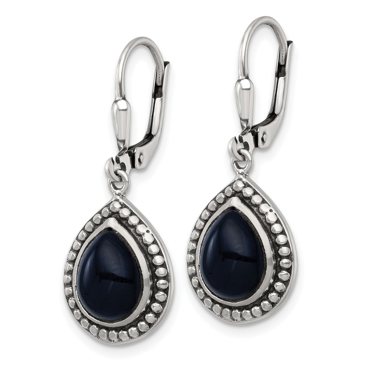 Sterling Silver Teardrop Dangle Earrings with Onyx and Beaded Edge Leverback Design