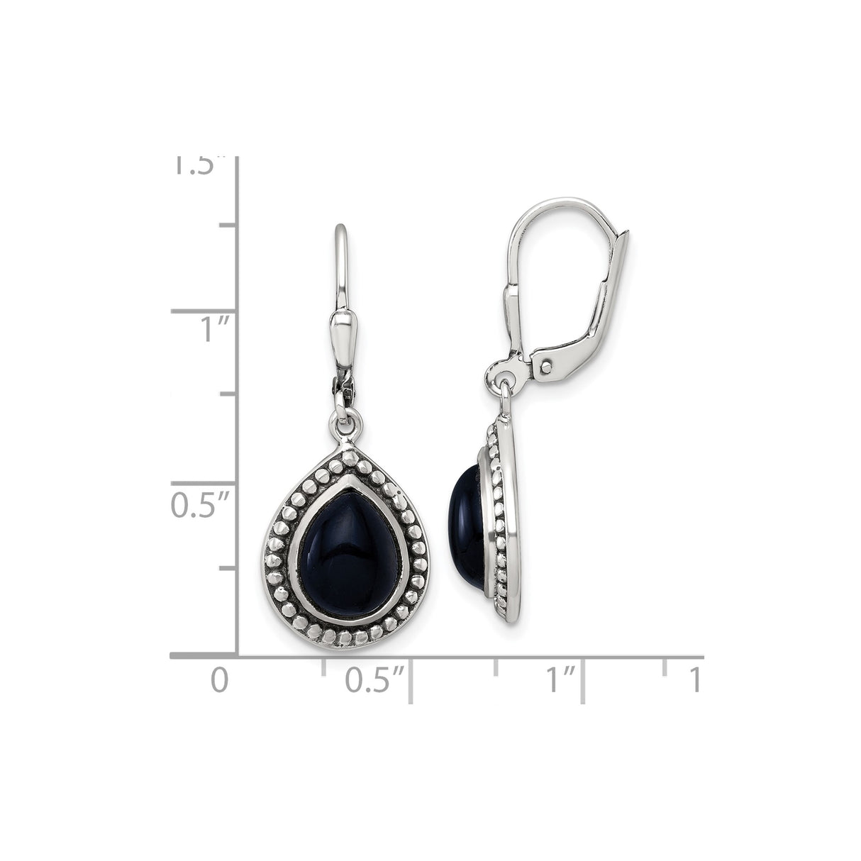 Sterling Silver Teardrop Dangle Earrings with Onyx and Beaded Edge Leverback Design