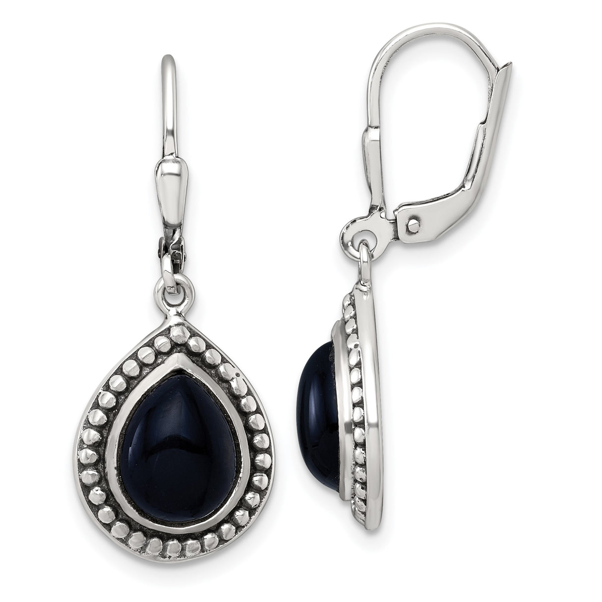Sterling Silver Teardrop Dangle Earrings with Onyx and Beaded Edge Leverback Design