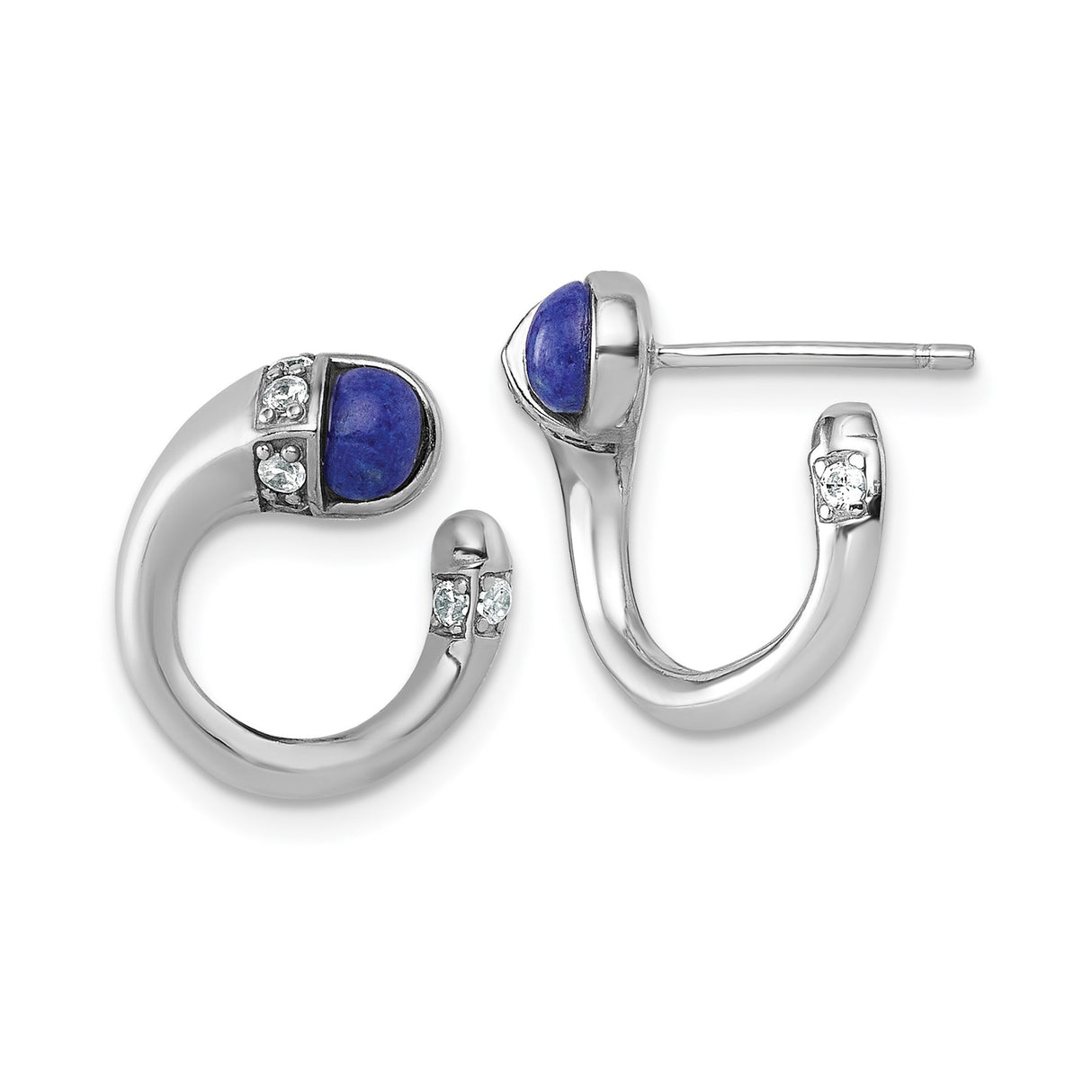 Sterling Silver Hoop Earrings with Lapis Inlay and Cubic Zirconia Accents, Modern Minimalist Design