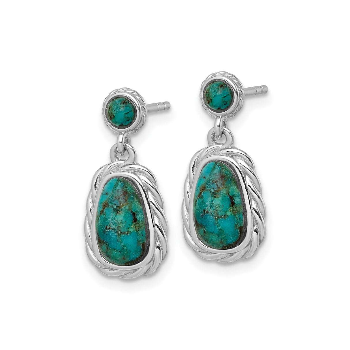Sterling Silver Dangle Earrings with Turquoise, Oval Cabochon, Twisted Rope Boho Style