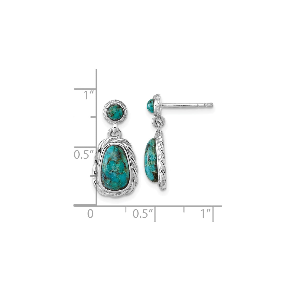 Sterling Silver Dangle Earrings with Turquoise, Oval Cabochon, Twisted Rope Boho Style