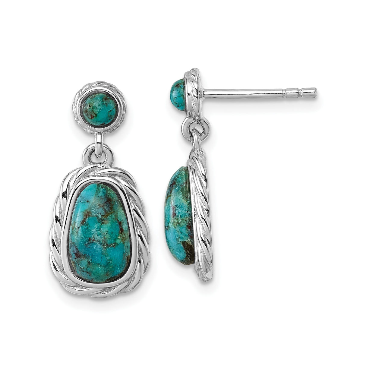Sterling Silver Dangle Earrings with Turquoise, Oval Cabochon, Twisted Rope Boho Style
