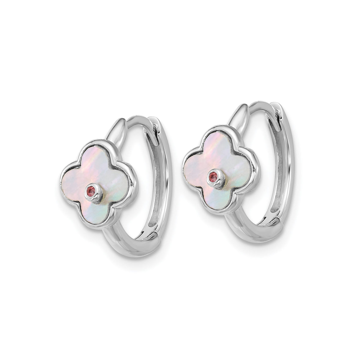 Sterling Silver Hoop Earrings with Mother of Pearl Clover and Cubic Zirconia Accent